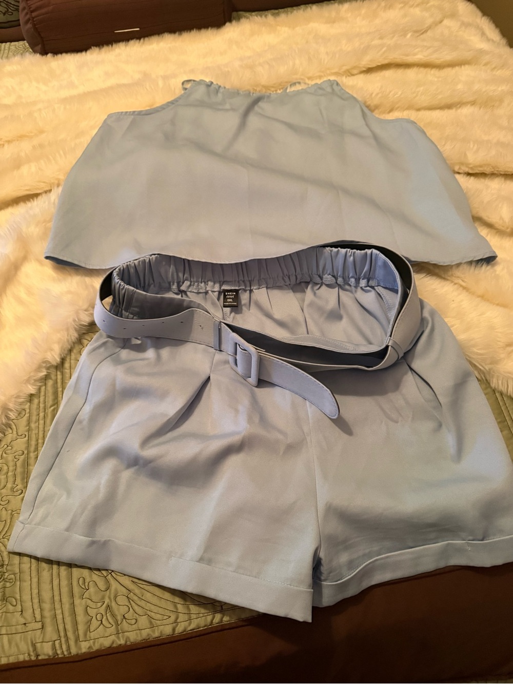 Light Blue High-Waist Belted Shorts Set